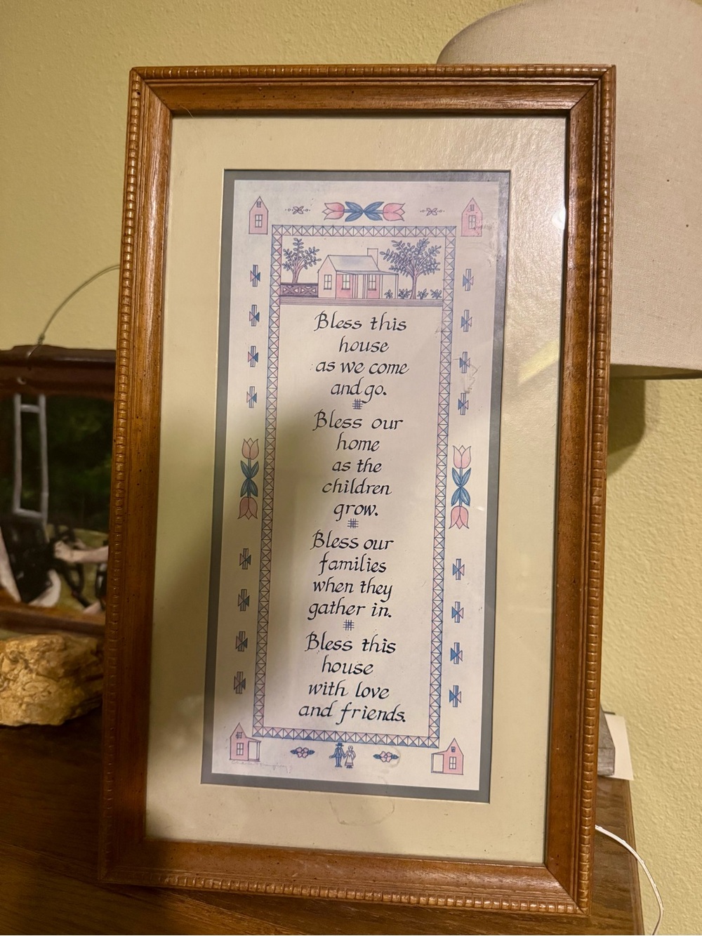 Bless This House Framed Wall Art - Blue & Pink Folk Motif